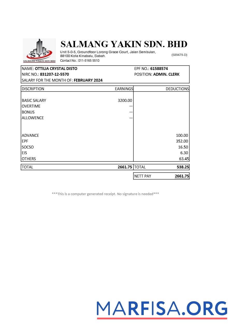 Blank Malaysia Salmang Yakin construction company payslip template